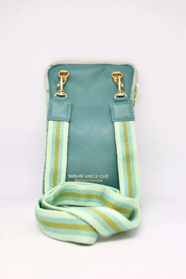 Petit sac pochette bandoulière en cuir vue de derrière - vert menthe / bleu canard - barnabé aime le café