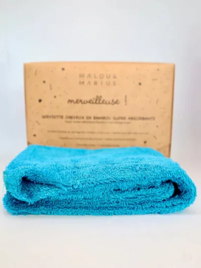 Serviette cheveux super absorbante en bambou bleu - Serviette Malous & Marius